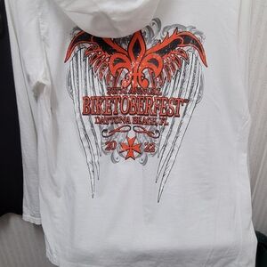 White Biketoberfest Hoodie with Orange and Gray Design